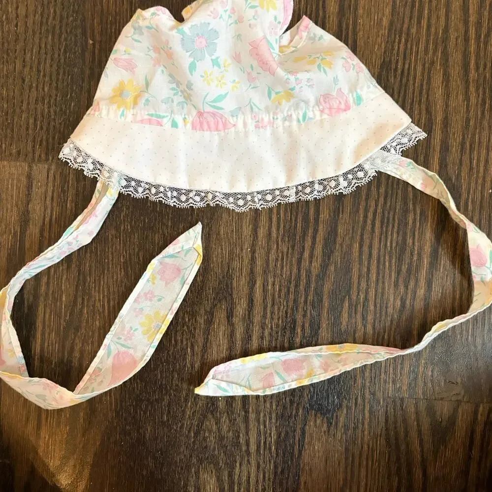Baby Bonnet Hat Floral Lace Trim Ties